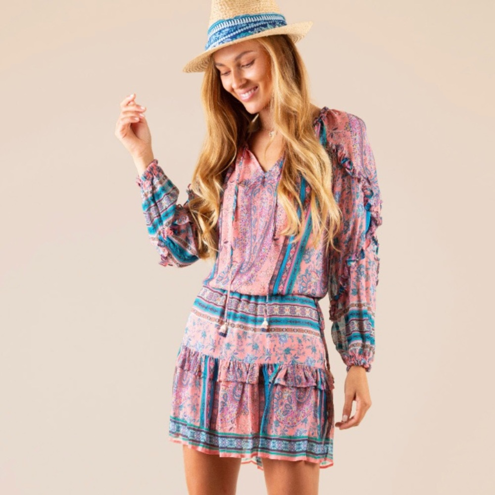 HALE BOB Anita Dress Feminine Boho Ruffle Tiers Coral Blue XS